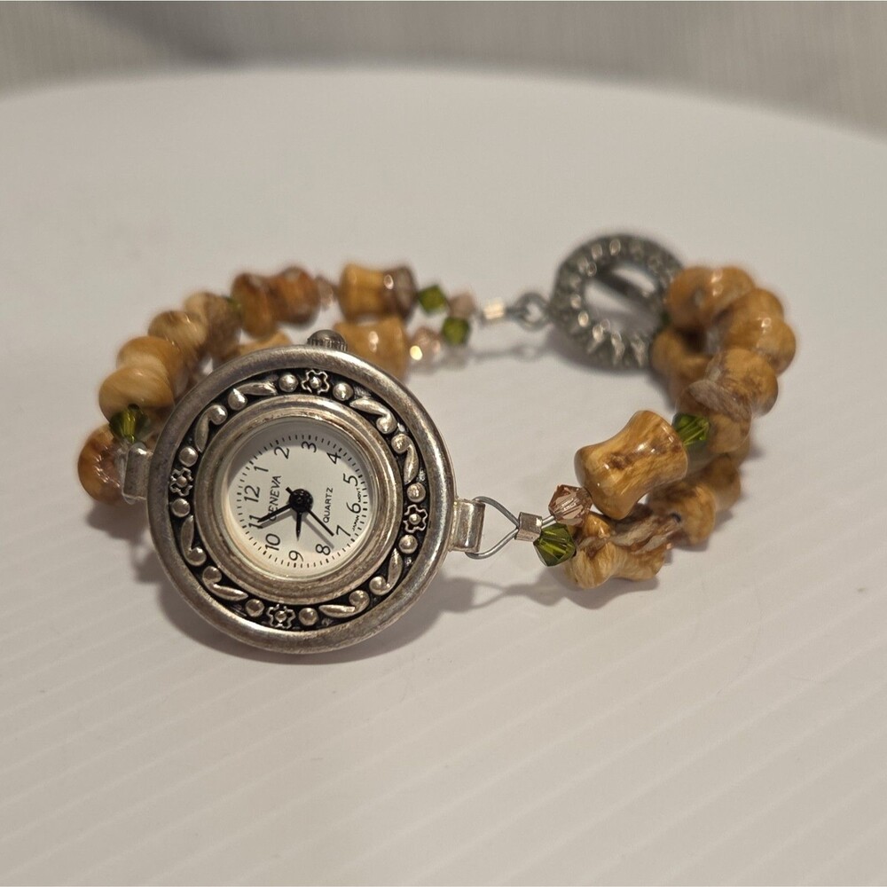 For Parts Geneva Women Quartz Silver-Tone Brown Green beaded Bracelet Watch